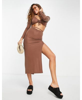 Topshop ruched front cupro ribbed midi skirt in chocolate-Brown