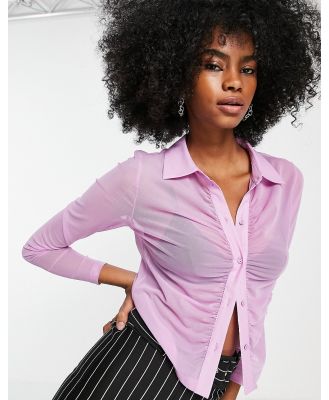 Topshop ruched front mesh shirt in lilac-Multi