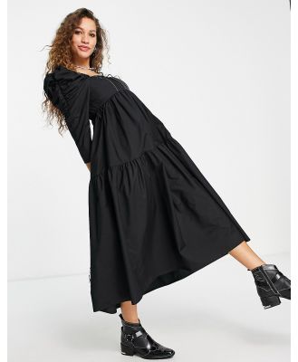 Topshop ruched sleeve contrast top stitch poplin midi dress in black