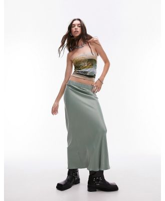 Topshop satin bias maxi skirt with elastic waistband in sea green-Blue