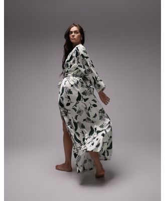 Topshop satin botanical print piped robe in cream-White
