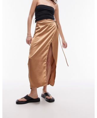 Topshop satin wrap midi skirt in camel (part of a set)-Neutral