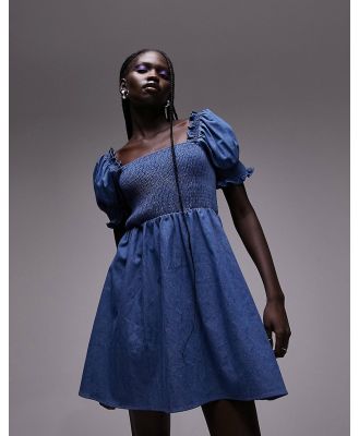 Topshop shirred mini tea dress with puff sleeve in chambray indigo-Blue