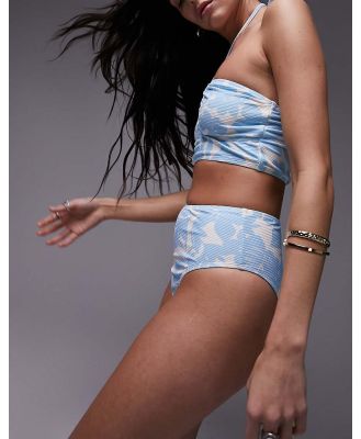 Topshop silhouette floral print rib high waist bikini bottoms in blue and ivory-Multi