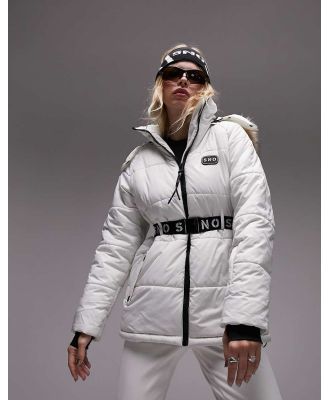 Topshop Sno ski coat with belt and faux fur trim hood in ecru-White