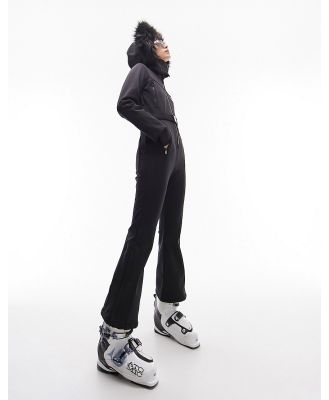 Topshop Sno ski suit with faux fur hood & belt in black