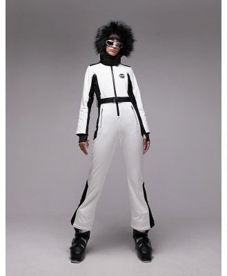 Topshop Sno ski suit with faux fur hood & belt in white