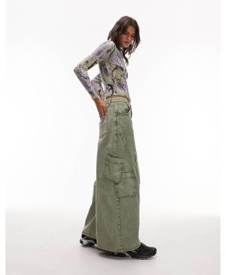 Topshop super wide washed skate cargo pants in khaki-Green