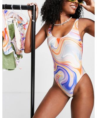 Topshop swirl print high leg swimsuit in multi