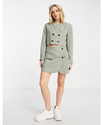 Topshop Tailored button wrap mini skirt in sage (part of a set)-Green
