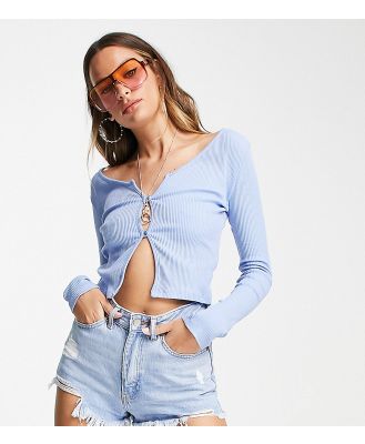Topshop Tall button front notch long sleeve top in pale blue