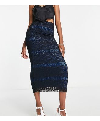 Topshop Tall jersey lace contrast lining tube midi skirt in black and cobalt