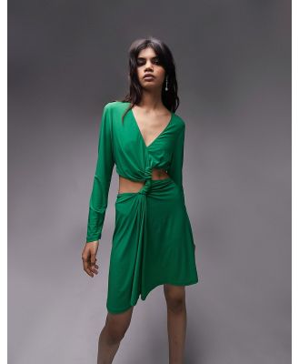 Topshop twist front long sleeve cut out mini dress in green