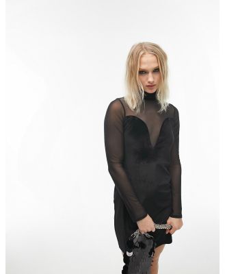 Topshop velvet and mesh silhouette mini dress in black