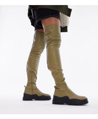 Topshop Wide Fit Martha over the knee stretch boots in olive-Green