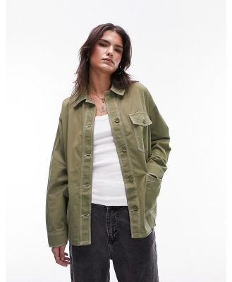 Topshop workwear shirt jacket with contrast stitch in khaki (part of a set)-Green