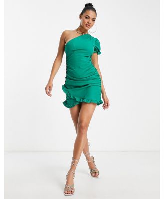 Trendyol one shoulder mini dress with frills in bottle green