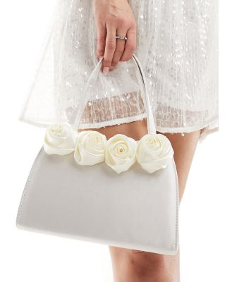 True Decadence bridal rose clutch bag in cream satin-Silver