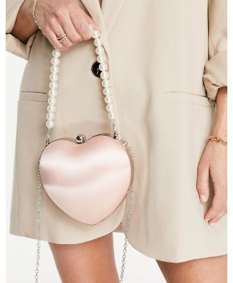 True Decadence Exclusive heart clutch bag in pink satin with faux pearl handle