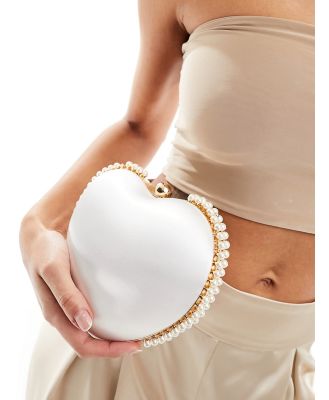 True Decadence pearl trim heart clutch bag in white satin