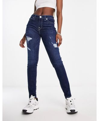 True Religion Halle mid rise distressed skinny jeans in dark wash-Blue
