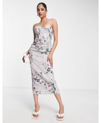 True Violet corset bandeau midi dress in silver and pink floral print-Neutral