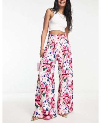True Violet high waisted palazzo pants in white floral-Pink