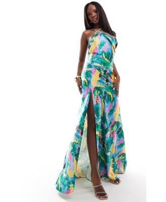 True Violet satin one shoulder slip maxi dress in abstract print-Multi