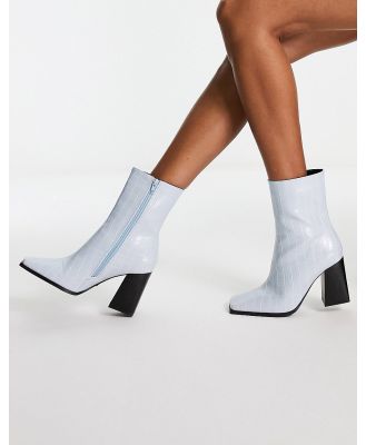 Truffle Collection block heel square toe ankle boots in blue croc