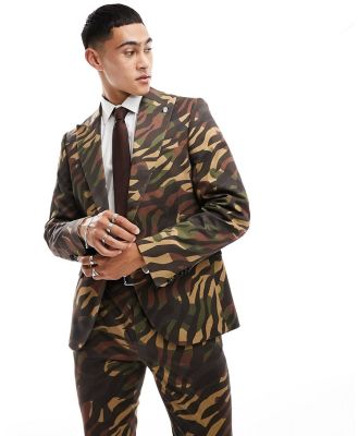 Twisted Tailor Gables tiger camo suit jacket in brown