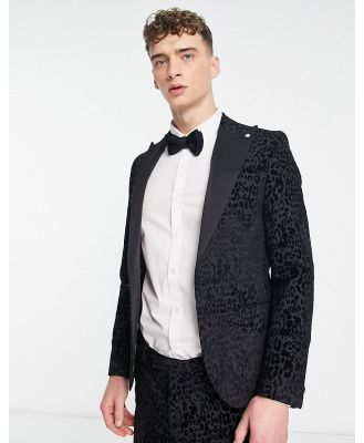 Twisted Tailor Helfand skinny suit jacket in charcoal with leopard print flock-Black