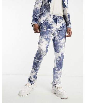Twisted Tailor Judd suit pants in white with blue ink floral print