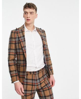 Twisted Tailor Nevada skinny suit jacket in beige and blue tartan check-Neutral
