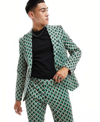 Twisted Tailor Shadoff suit jacket in green with geometric vintage print