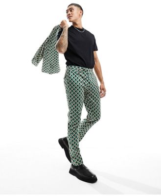 Twisted Tailor Shadoff suit pants in green with geometric vintage print