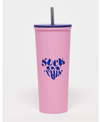 Typo 'suck on this' smoothie cup with metal straw in pink