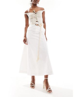 Urban Revivo a-line linen midaxi skirt with rope belt detail in white