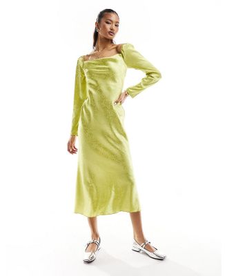 Urban Threads cowl neck midi dress in chartreuse floral satin-Green