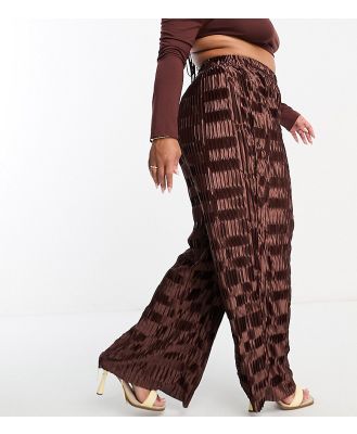 Urban Threads Curve satin plisse wide leg pants in chocolate brown (part of a set)