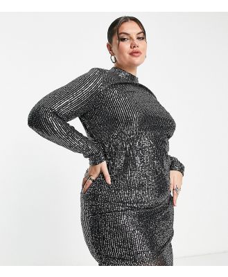 Urban Threads Plus long sleeve sequin dress with ruched detail in black