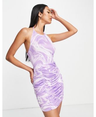 Urban Threads ruched front bodycon mini dress in lilac marble print-Purple