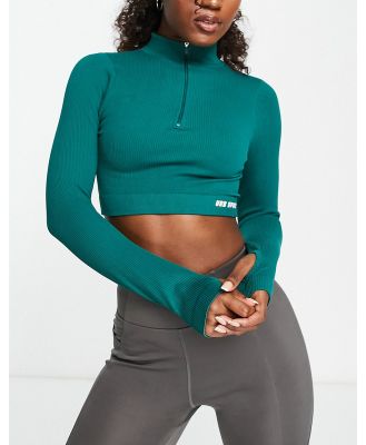 Urban Threads seamless high neck long sleeve sports crop top with zip front in forest green