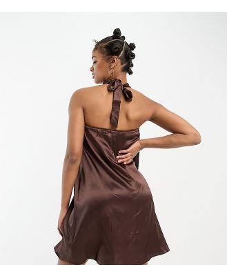 Urban Threads Tall satin high neck mini dress in chocolate brown