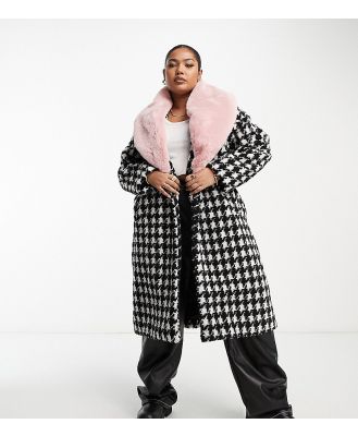 Urban Code Plus longline houndstooth overcoat with pink faux fur collar-Black