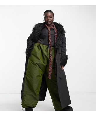 Urban Code Plus longline trench coat with faux shaggy fur collar in black