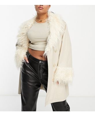 Urban Code Plus PU trench coat with faux shaggy fur collar in cream-White