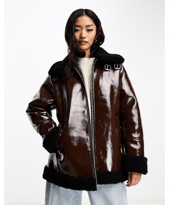 Urbancode patent longline aviator jacket with borg trims in chocolate brown