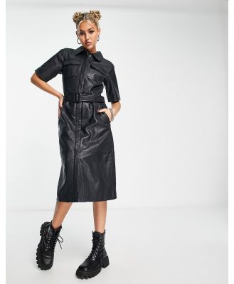 Urbancode real leather midi shirt dress in black