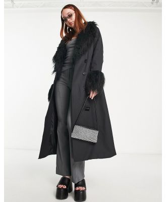 Urban Code longline trench coat with faux shaggy fur collar in black