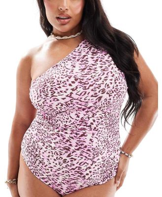 Vero Moda Curve ruched one shoulder swimsuit in pastel lavender leopard print-Purple